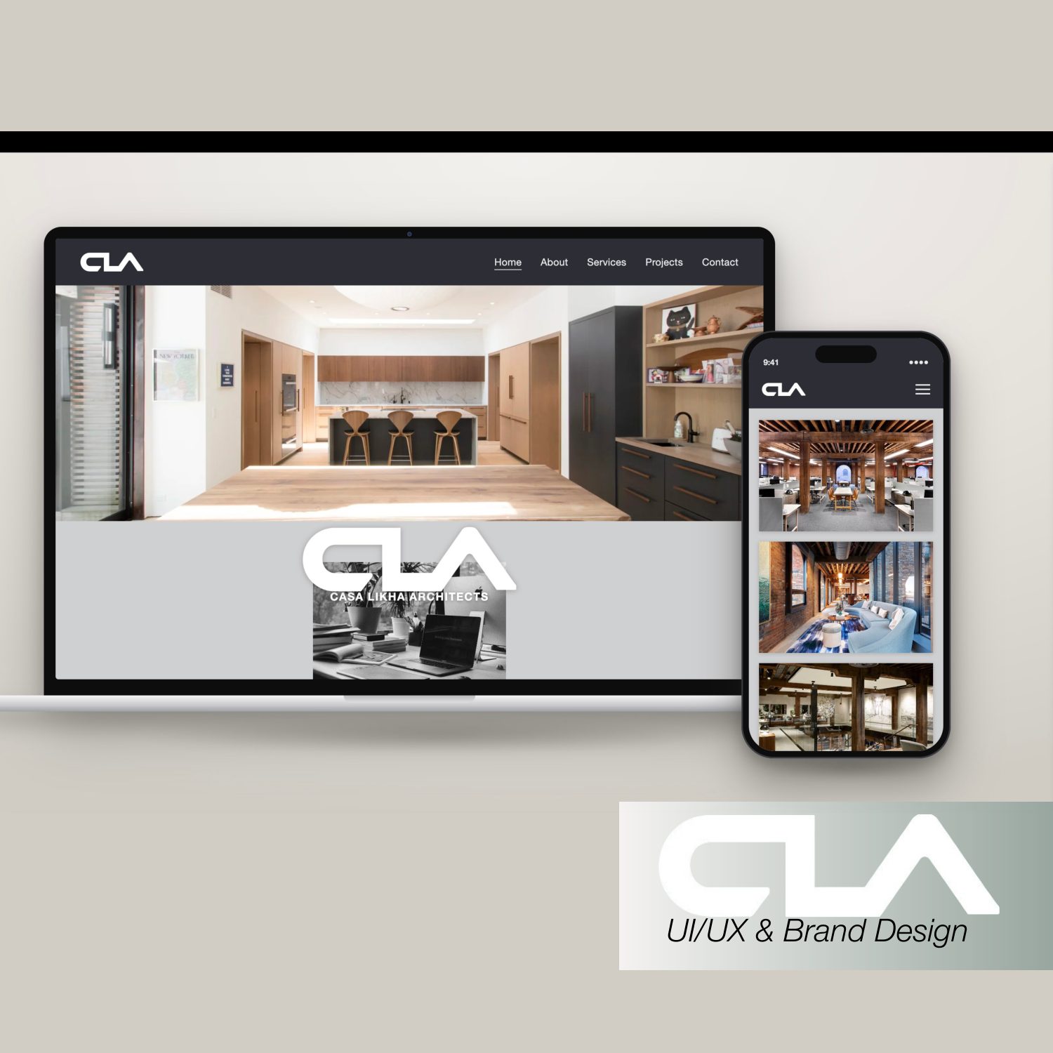 Casa Likha Architects website shown on laptop and phone