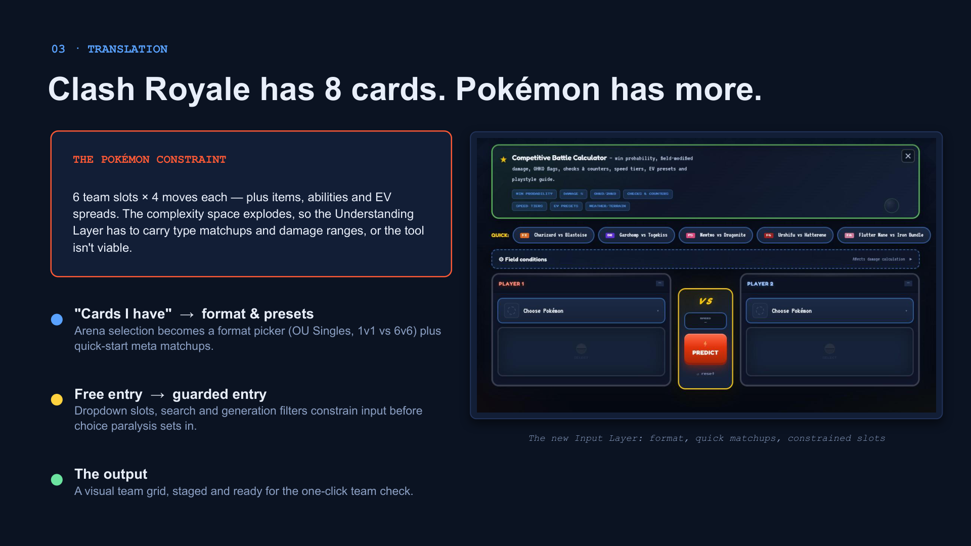 PokéBattle input layer — format picker, quick matchups, constrained slots