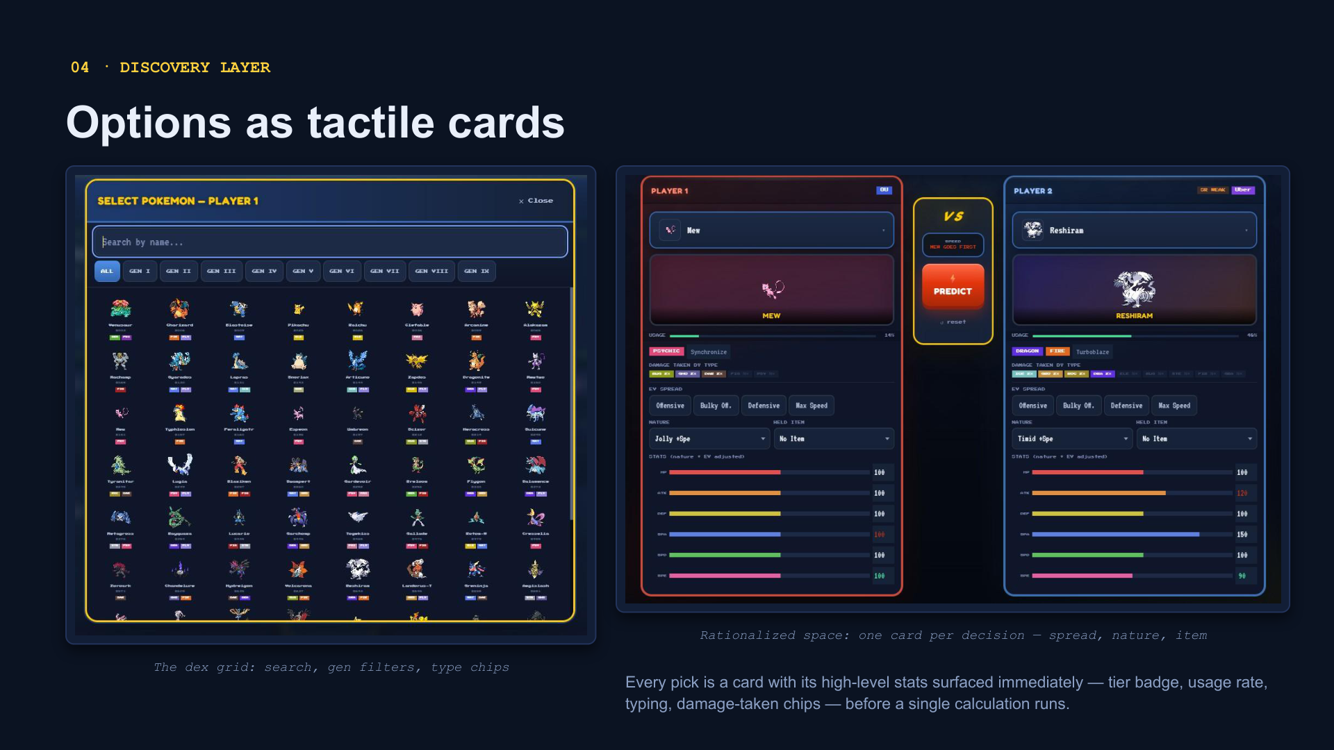 PokéBattle discovery layer — dex grid with search, gen filters, type chips