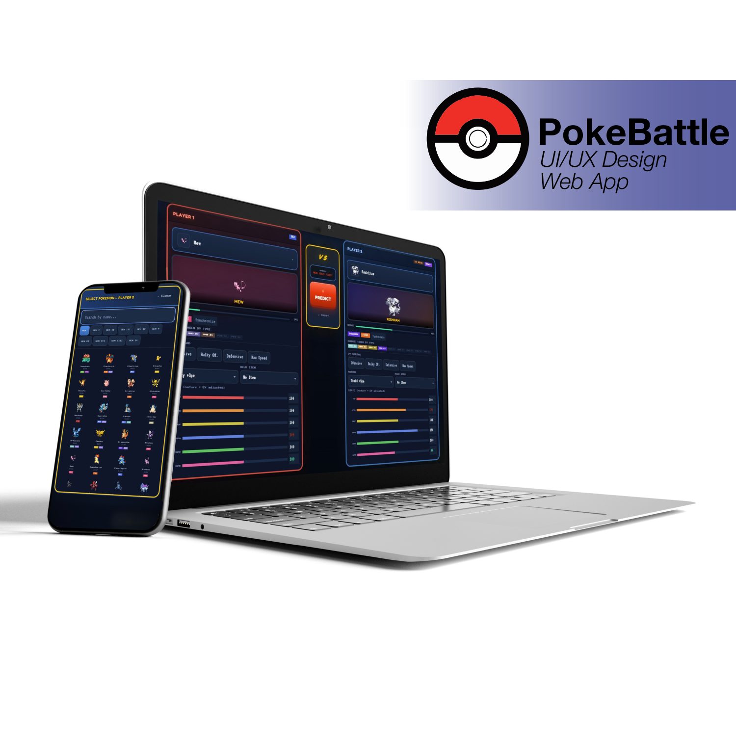 Pokémon Battle Strat interface: dark battle calculator with quick matchups and a Predict button