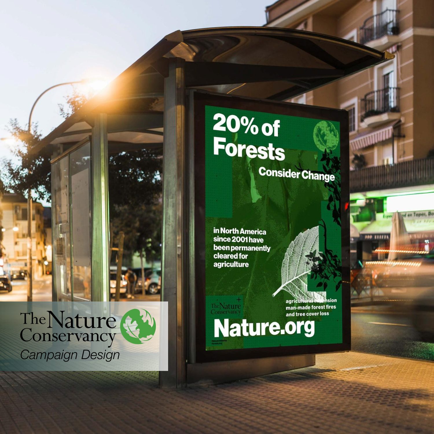 Nature Conservatory campaign — bus-shelter poster mockup for The Nature Conservancy